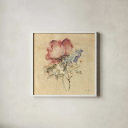 Rose Nosegay by Cheri Blum. Shown in a crisp white glass frame for a clean and minimalist style. Available as an archival giclee rolled canvas, fine art paper, or poster print. SKU 88375a.