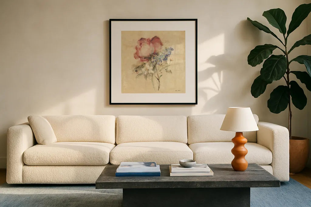 Rose Nosegay by Cheri Blum. Displayed in a glass frame with matte in a clean modern living room. Available as an archival giclee rolled canvas, fine art paper, or poster print. SKU 88375a.