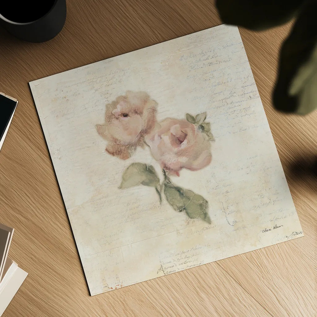 Rose on Script I by Cheri Blum. Shown as a detailed flat fine art print, highlighting archival giclee quality. Available as an archival giclee rolled canvas, fine art paper, or poster print. SKU 88648a.