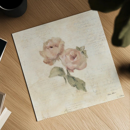 Rose on Script I by Cheri Blum. Shown as a detailed flat fine art print, highlighting archival giclee quality. Available as an archival giclee rolled canvas, fine art paper, or poster print. SKU 88648a.