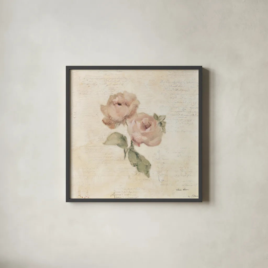 Rose on Script I by Cheri Blum. Shown in a sleek black glass frame for a contemporary gallery look. Available as an archival giclee rolled canvas, fine art paper, or poster print. SKU 88648a.