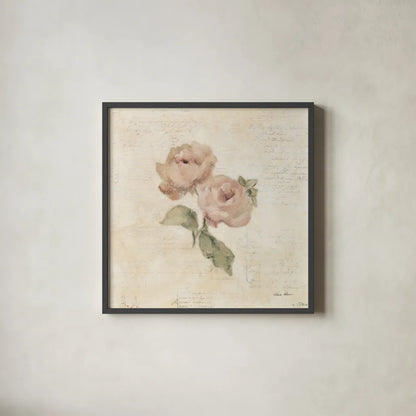 Rose on Script I by Cheri Blum. Shown in a sleek black glass frame for a contemporary gallery look. Available as an archival giclee rolled canvas, fine art paper, or poster print. SKU 88648a.