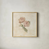 Rose on Script I by Cheri Blum. Shown in a natural wood glass frame for a timeless modern aesthetic. Available as an archival giclee rolled canvas, fine art paper, or poster print. SKU 88648a.