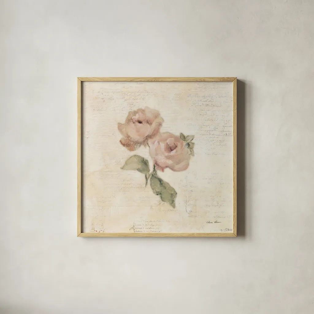 Rose on Script I by Cheri Blum. Shown in a natural wood glass frame for a timeless modern aesthetic. Available as an archival giclee rolled canvas, fine art paper, or poster print. SKU 88648a.