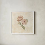Rose on Script I by Cheri Blum. Shown in a crisp white glass frame for a clean and minimalist style. Available as an archival giclee rolled canvas, fine art paper, or poster print. SKU 88648a.