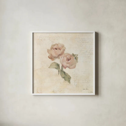 Rose on Script I by Cheri Blum. Shown in a crisp white glass frame for a clean and minimalist style. Available as an archival giclee rolled canvas, fine art paper, or poster print. SKU 88648a.