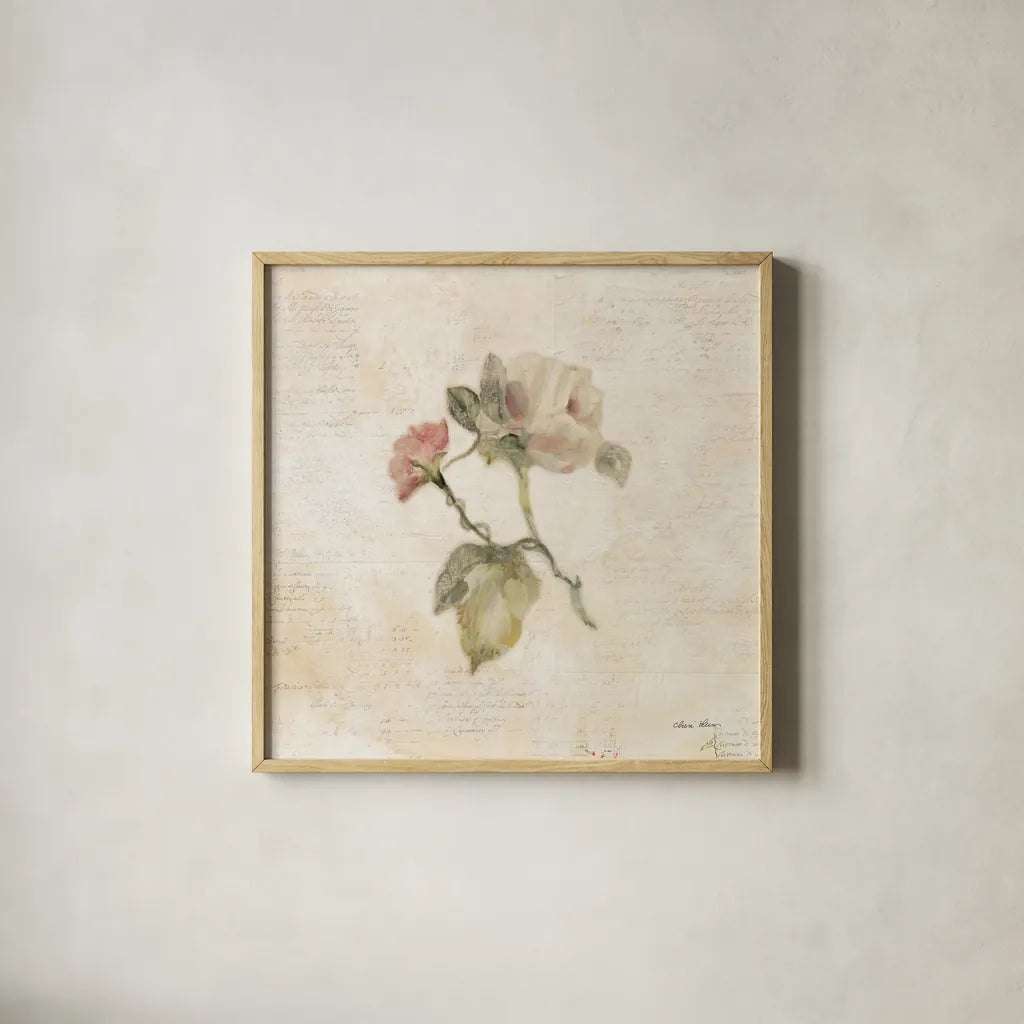 Rose on Script II by Cheri Blum. Shown in a natural wood glass frame for a timeless modern aesthetic. Available as an archival giclee rolled canvas, fine art paper, or poster print. SKU 88649a.