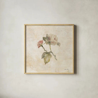 Rose on Script II by Cheri Blum. Shown in a natural wood glass frame for a timeless modern aesthetic. Available as an archival giclee rolled canvas, fine art paper, or poster print. SKU 88649a.