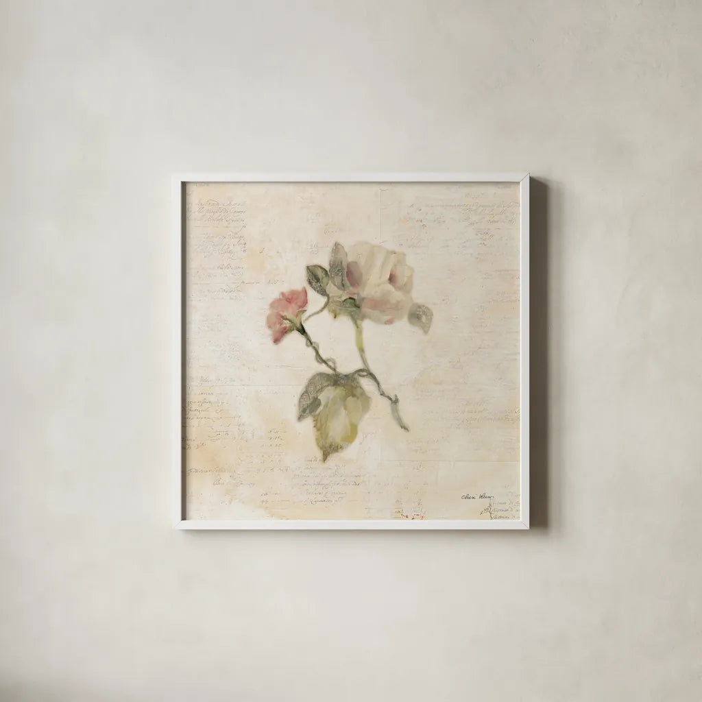 Rose on Script II by Cheri Blum. Shown in a crisp white glass frame for a clean and minimalist style. Available as an archival giclee rolled canvas, fine art paper, or poster print. SKU 88649a.