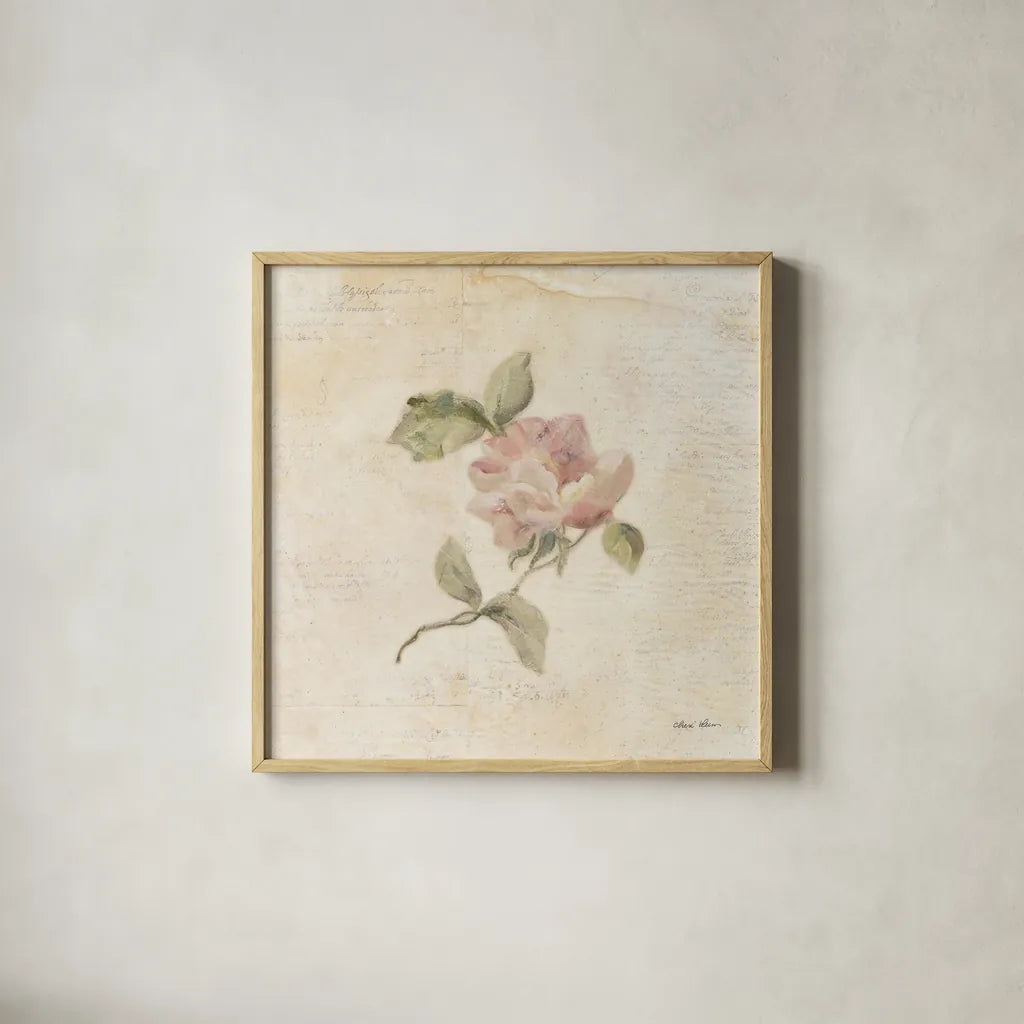 Rose on Script III by Cheri Blum. Shown in a natural wood glass frame for a timeless modern aesthetic. Available as an archival giclee rolled canvas, fine art paper, or poster print. SKU 88650a.