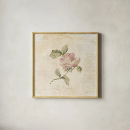 Rose on Script III by Cheri Blum. Shown in a natural wood glass frame for a timeless modern aesthetic. Available as an archival giclee rolled canvas, fine art paper, or poster print. SKU 88650a.