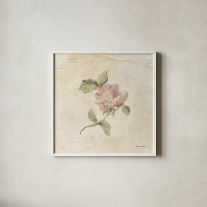 Rose on Script III by Cheri Blum. Shown in a crisp white glass frame for a clean and minimalist style. Available as an archival giclee rolled canvas, fine art paper, or poster print. SKU 88650a.