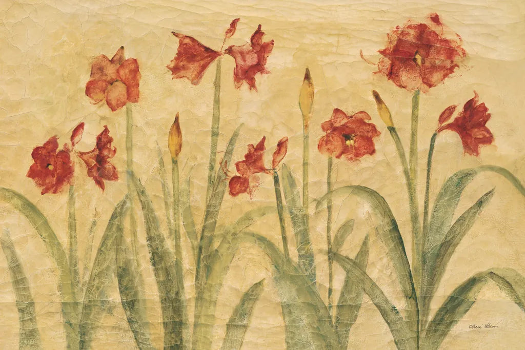 Row of Red Amaryllis by Cheri Blum. SKU 7163i. Archival Giclee Fine art print for wall decor.