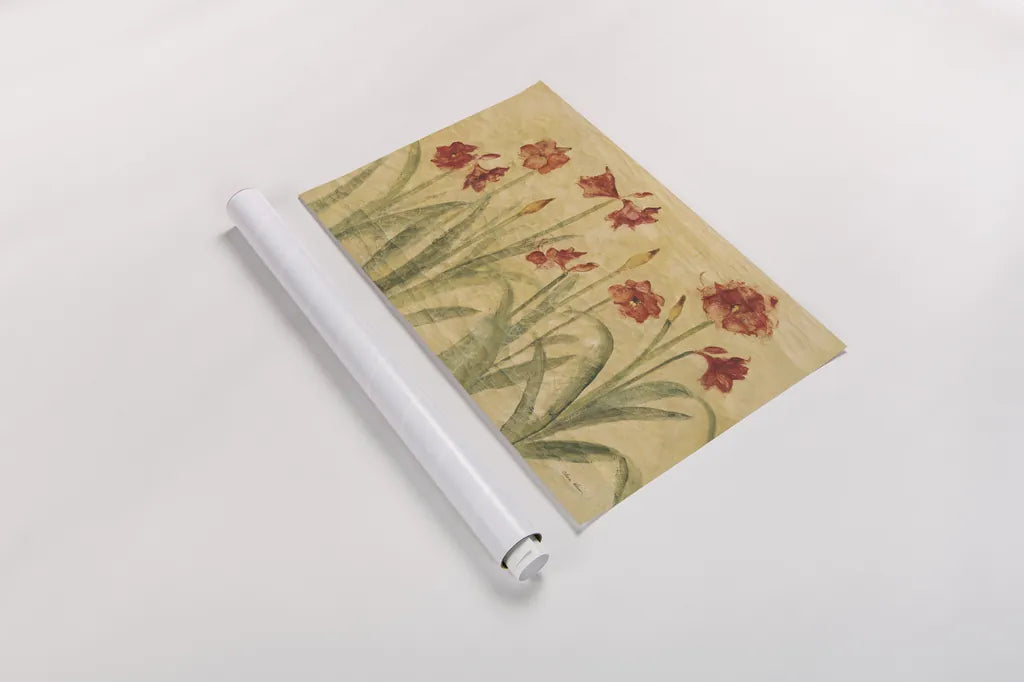 Row of Red Amaryllis by Cheri Blum. shown as a rolled paper print. Available as archival giclee rolled canvas, fine art paper, or poster print. SKU 7163i.