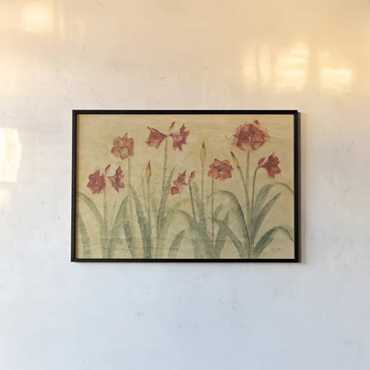 Row of Red Amaryllis by Cheri Blum. shown as a paper print in a black flame. Available as a archival giclee rolled canvas, fine art paper, or poster print. SKU 7163i.