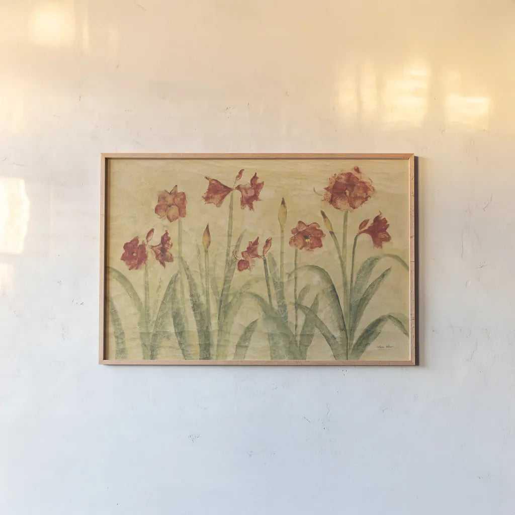 Row of Red Amaryllis by Cheri Blum. shown as a paper print in a natural frame. Available as a archival giclee rolled canvas, fine art paper, or poster print. SKU 7163i.