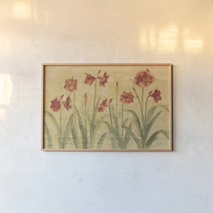 Row of Red Amaryllis by Cheri Blum. shown as a paper print in a natural frame. Available as a archival giclee rolled canvas, fine art paper, or poster print. SKU 7163i.