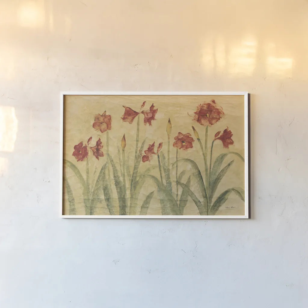 Row of Red Amaryllis by Cheri Blum. shown as a paper print in a white frame. Available as a archival giclee rolled canvas, fine art paper, or poster print. SKU 7163i.