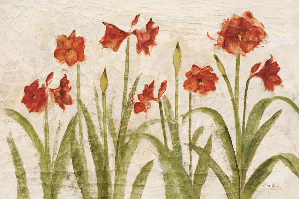 Row of Red Amaryllis Light by Cheri Blum. SKU 68664i. Archival Giclee Fine art print for wall decor.