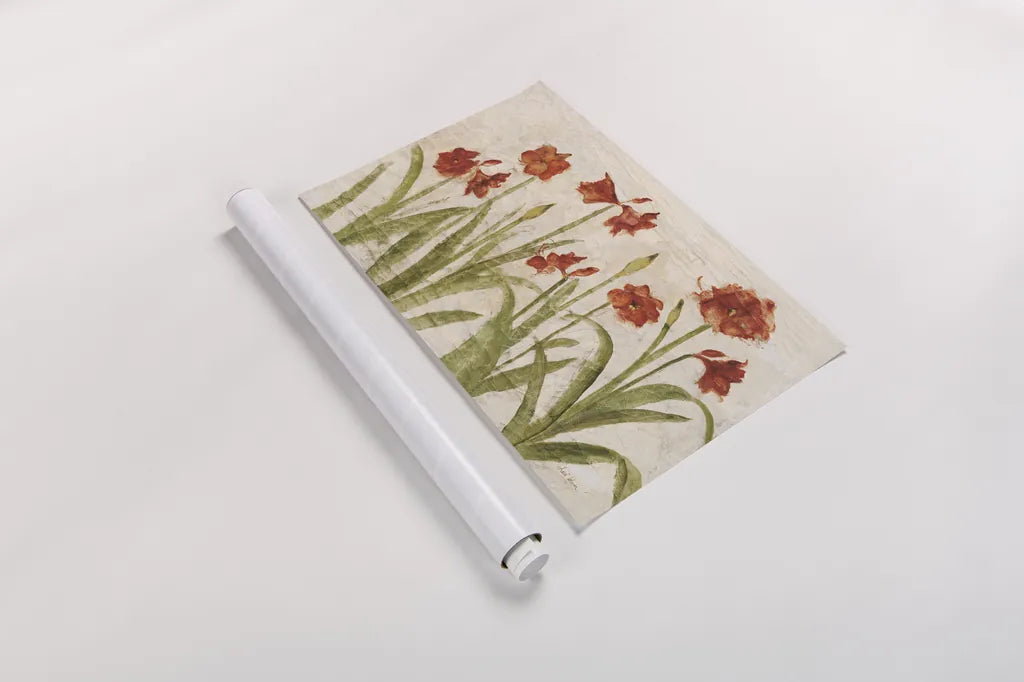Row of Red Amaryllis Light by Cheri Blum. shown as a rolled paper print. Available as archival giclee rolled canvas, fine art paper, or poster print. SKU 68664i.