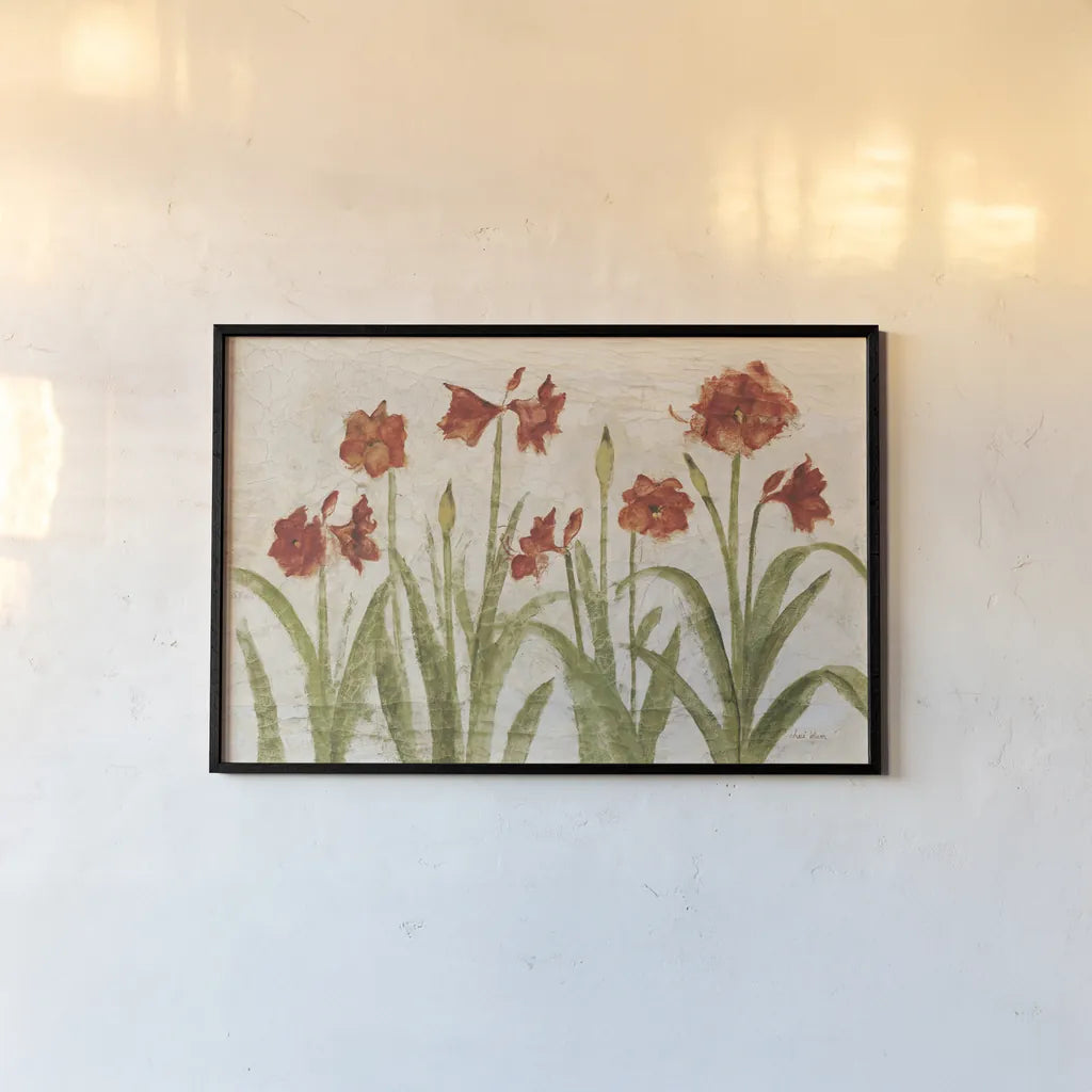Row of Red Amaryllis Light by Cheri Blum. shown as a paper print in a black flame. Available as a archival giclee rolled canvas, fine art paper, or poster print. SKU 68664i.