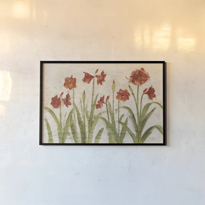 Row of Red Amaryllis Light by Cheri Blum. shown as a paper print in a black flame. Available as a archival giclee rolled canvas, fine art paper, or poster print. SKU 68664i.