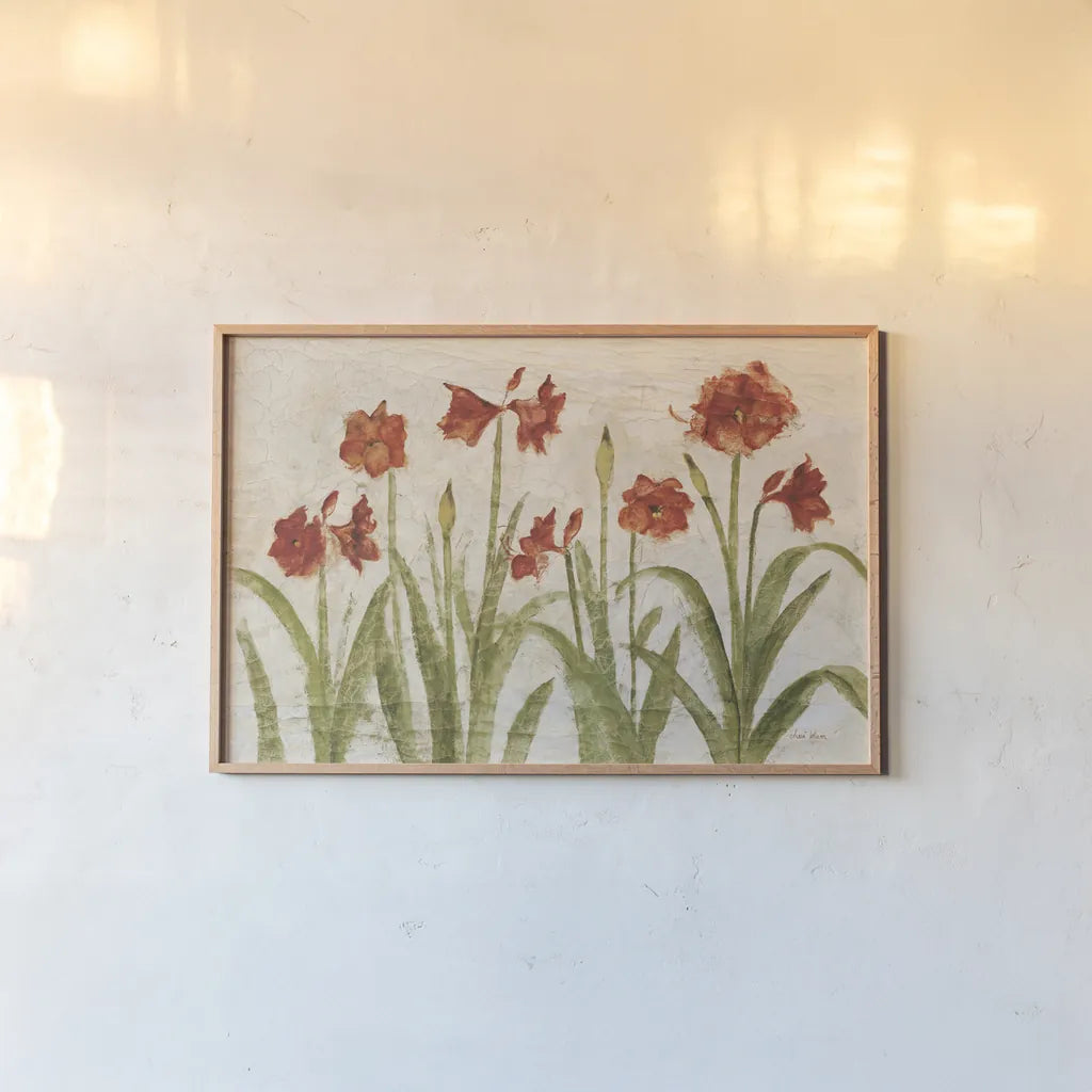 Row of Red Amaryllis Light by Cheri Blum. shown as a paper print in a natural frame. Available as a archival giclee rolled canvas, fine art paper, or poster print. SKU 68664i.