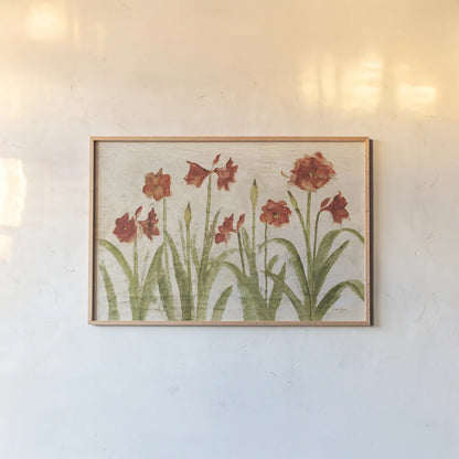 Row of Red Amaryllis Light by Cheri Blum. shown as a paper print in a natural frame. Available as a archival giclee rolled canvas, fine art paper, or poster print. SKU 68664i.