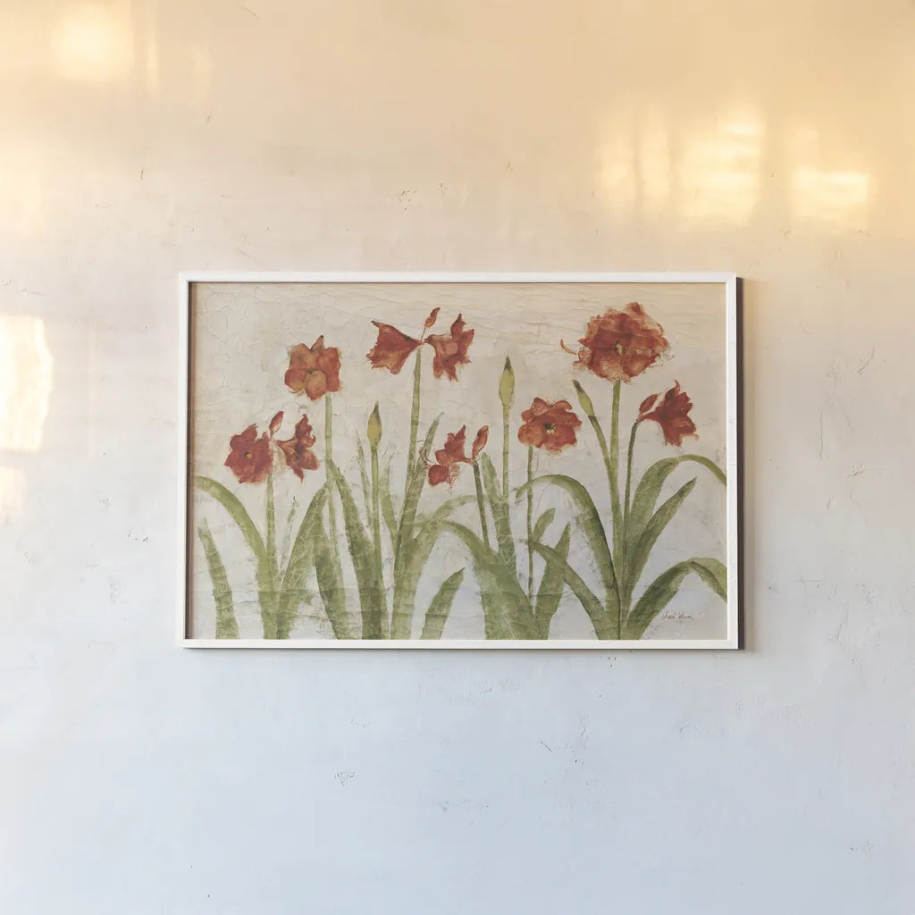 Row of Red Amaryllis Light by Cheri Blum. shown as a paper print in a white frame. Available as a archival giclee rolled canvas, fine art paper, or poster print. SKU 68664i.