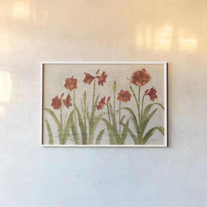 Row of Red Amaryllis Light by Cheri Blum. shown as a paper print in a white frame. Available as a archival giclee rolled canvas, fine art paper, or poster print. SKU 68664i.