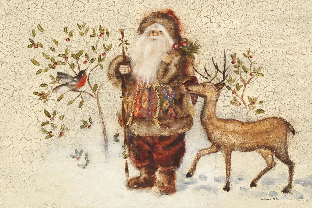 Santa with Deer by Cheri Blum. SKU 90376i. Archival Giclee Fine art print for wall decor.