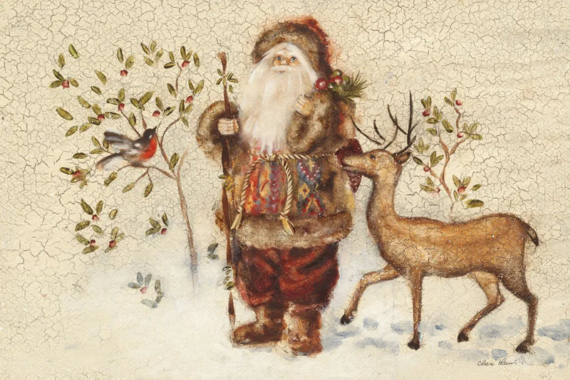 Santa with Deer by Cheri Blum. SKU 90376i. Archival Giclee Fine art print for wall decor.
