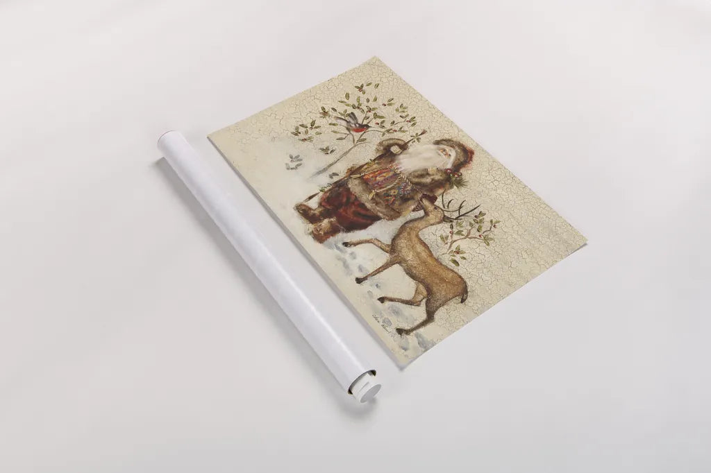 Santa with Deer by Cheri Blum. shown as a rolled paper print. Available as archival giclee rolled canvas, fine art paper, or poster print. SKU 90376i.