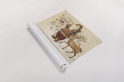 Santa with Deer by Cheri Blum. shown as a rolled paper print. Available as archival giclee rolled canvas, fine art paper, or poster print. SKU 90376i.