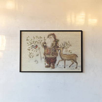 Santa with Deer by Cheri Blum. shown as a paper print in a black flame. Available as a archival giclee rolled canvas, fine art paper, or poster print. SKU 90376i.