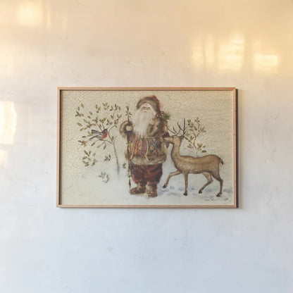 Santa with Deer by Cheri Blum. shown as a paper print in a natural frame. Available as a archival giclee rolled canvas, fine art paper, or poster print. SKU 90376i.