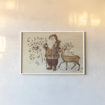 Santa with Deer by Cheri Blum. shown as a paper print in a white frame. Available as a archival giclee rolled canvas, fine art paper, or poster print. SKU 90376i.