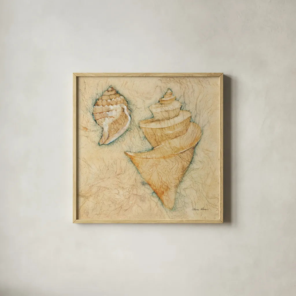 Shells II by Cheri Blum. Shown in a natural wood glass frame for a timeless modern aesthetic. Available as an archival giclee rolled canvas, fine art paper, or poster print. SKU 7249a.