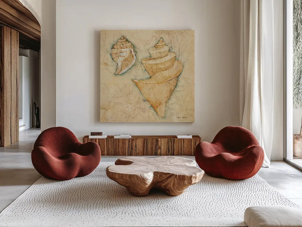 Shells II by Cheri Blum. Shown as extra-large giant wall art in a modern living room. Available as an archival giclee rolled canvas, fine art paper, or poster print. SKU 7249a.