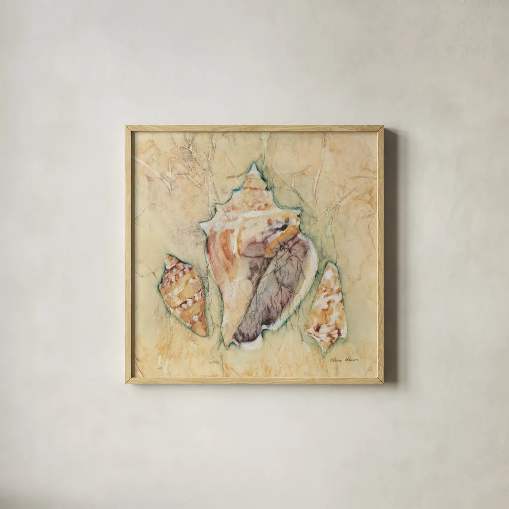 Shells III by Cheri Blum. Shown in a natural wood glass frame for a timeless modern aesthetic. Available as an archival giclee rolled canvas, fine art paper, or poster print. SKU 7250a.