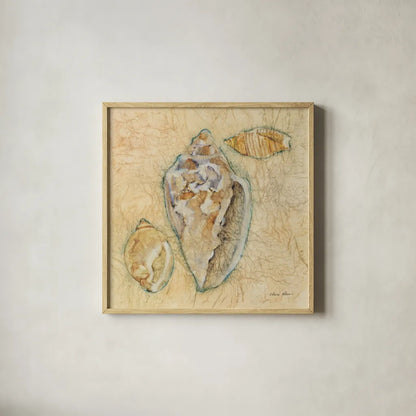 Shells IV by Cheri Blum. Shown in a natural wood glass frame for a timeless modern aesthetic. Available as an archival giclee rolled canvas, fine art paper, or poster print. SKU 7251a.