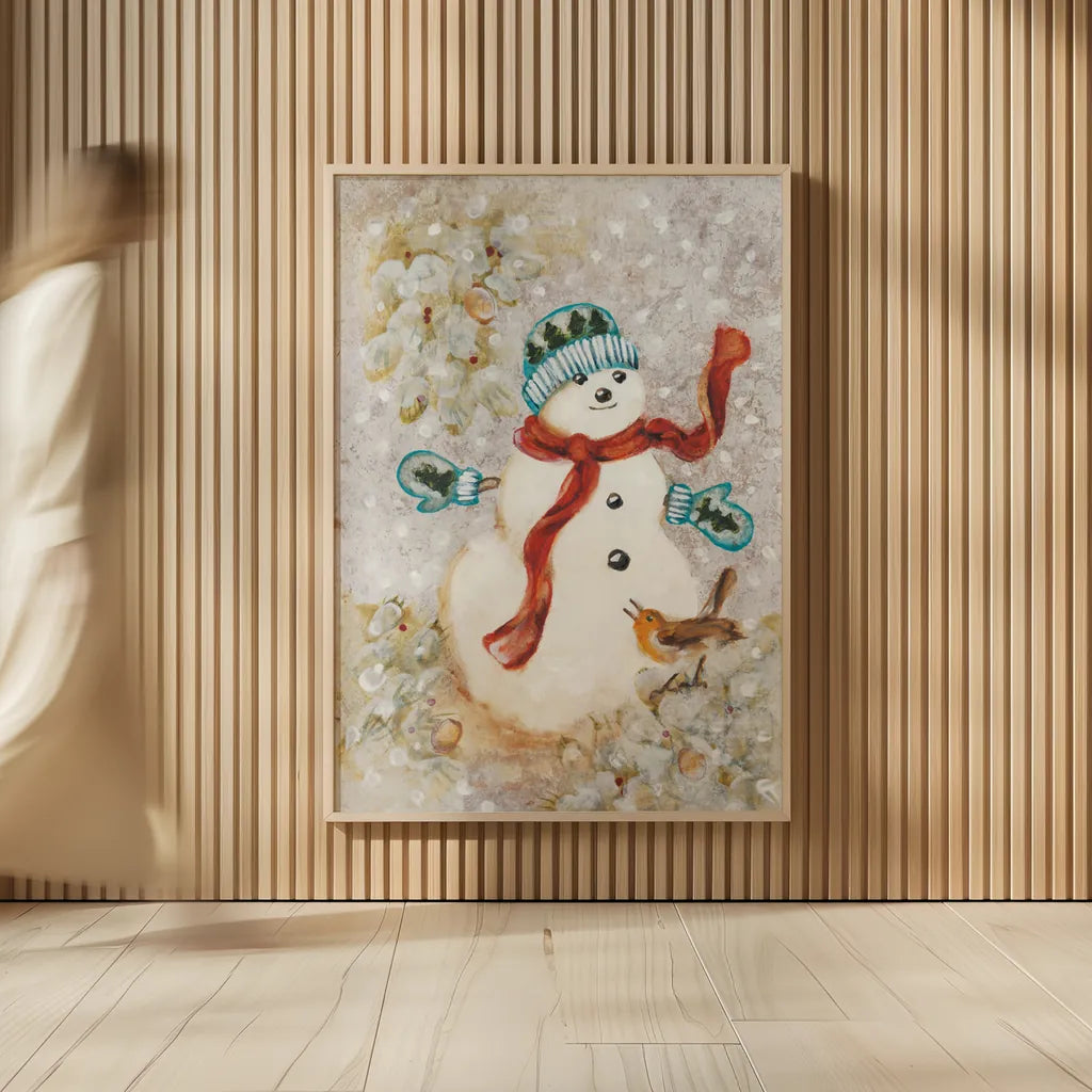 Snowman by Cheri Blum. shown as over sized large wall art. Available as an archival giclee rolled canvas, fine art paper, or poster print. SKU 90780h.