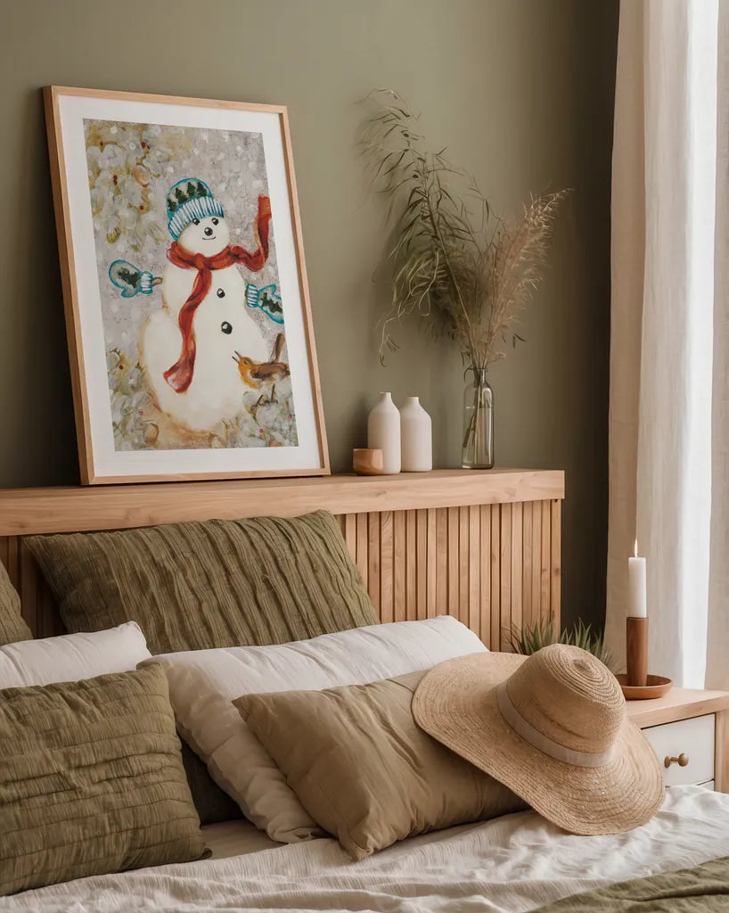 Snowman by Cheri Blum. shown as a paper print in a natural frame. Available as a archival giclee rolled canvas, fine art paper, or poster print. SKU 90780h.