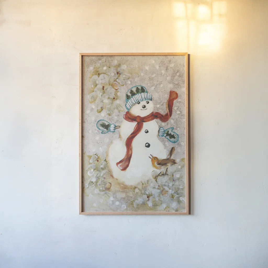 Snowman by Cheri Blum. shown as a paper print in a natural frame. Available as a archival giclee rolled canvas, fine art paper, or poster print. SKU 90780h.