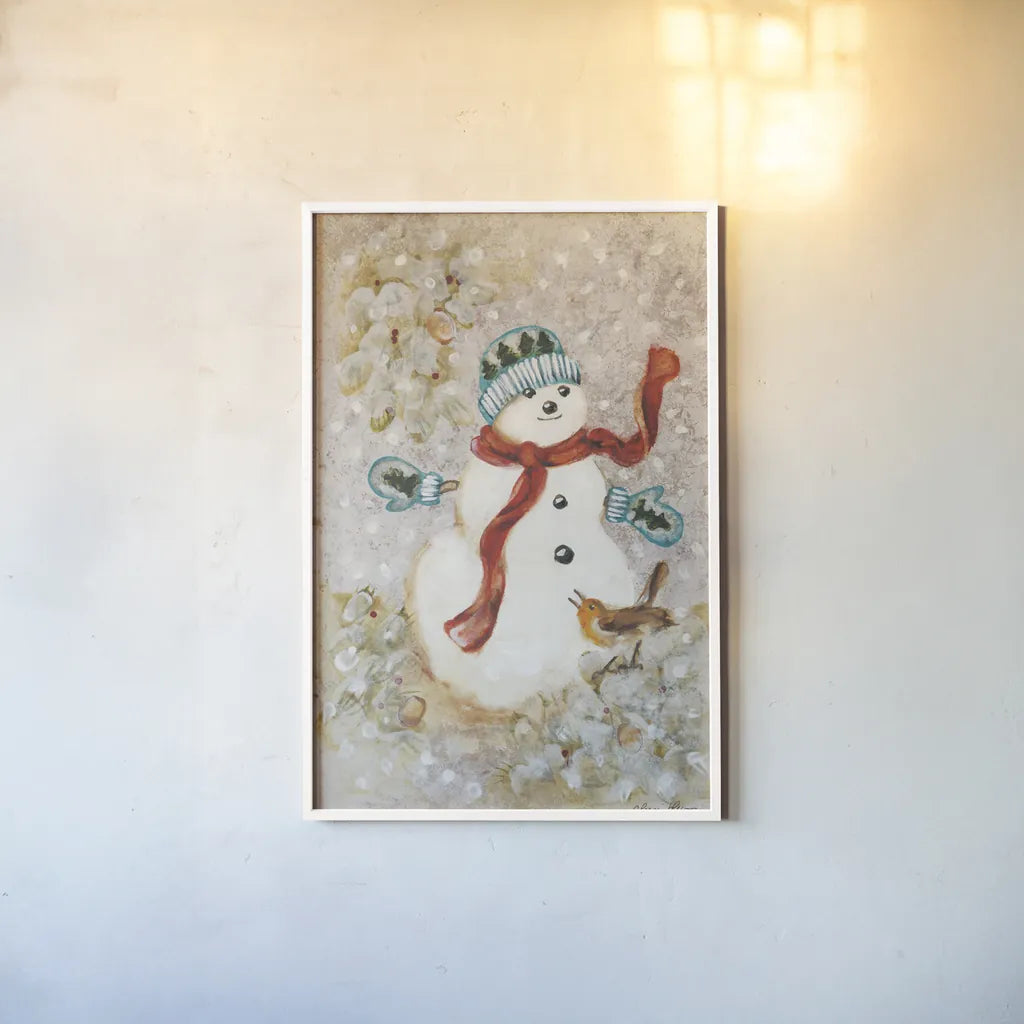 Snowman by Cheri Blum. shown as a paper print in a white frame. Available as a archival giclee rolled canvas, fine art paper, or poster print. SKU 90780h.
