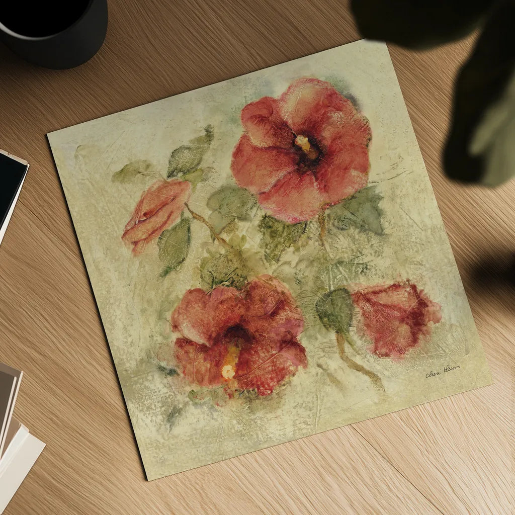 Soft Hibiscus I by Cheri Blum. Shown as a detailed flat fine art print, highlighting archival giclee quality. Available as an archival giclee rolled canvas, fine art paper, or poster print. SKU 7540a.