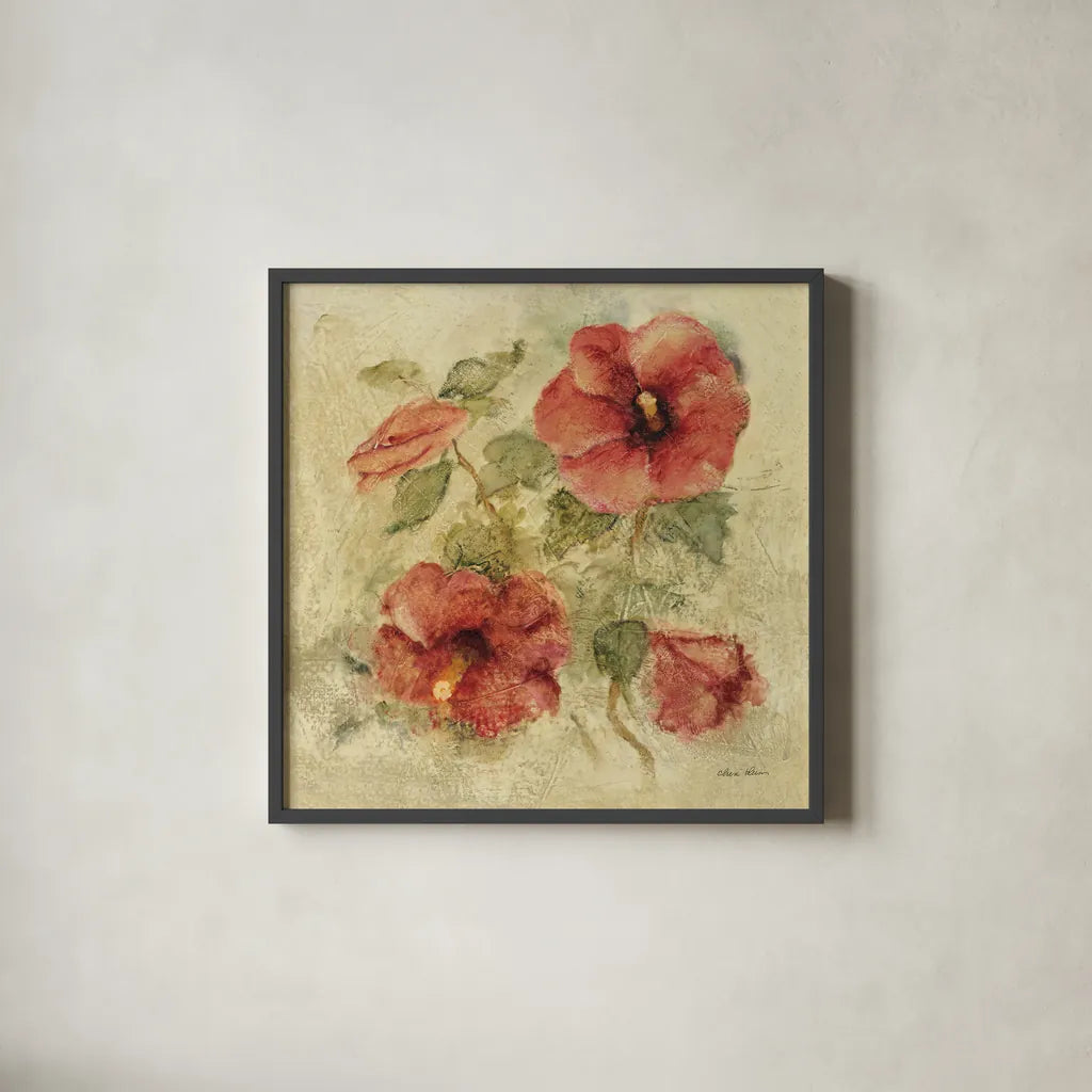 Soft Hibiscus I by Cheri Blum. Shown in a sleek black glass frame for a contemporary gallery look. Available as an archival giclee rolled canvas, fine art paper, or poster print. SKU 7540a.