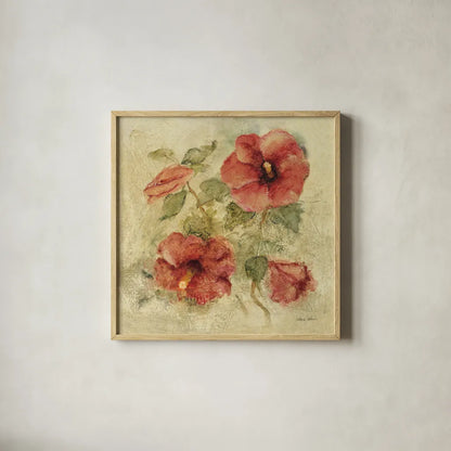 Soft Hibiscus I by Cheri Blum. Shown in a natural wood glass frame for a timeless modern aesthetic. Available as an archival giclee rolled canvas, fine art paper, or poster print. SKU 7540a.
