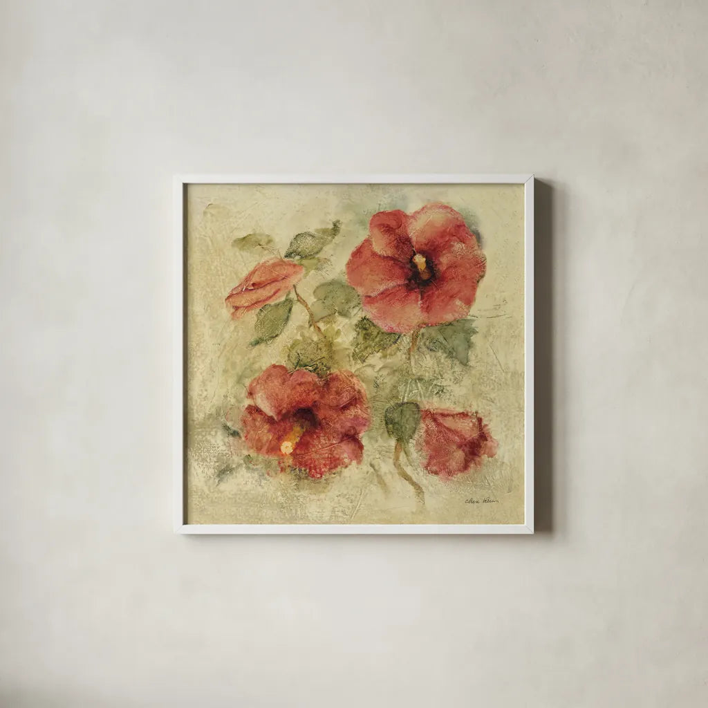 Soft Hibiscus I by Cheri Blum. Shown in a crisp white glass frame for a clean and minimalist style. Available as an archival giclee rolled canvas, fine art paper, or poster print. SKU 7540a.