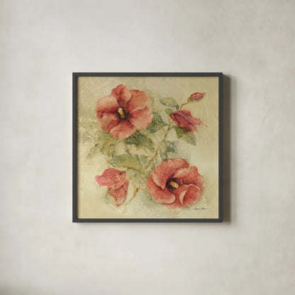 Soft Hibiscus II by Cheri Blum. Shown in a sleek black glass frame for a contemporary gallery look. Available as an archival giclee rolled canvas, fine art paper, or poster print. SKU 7541a.
